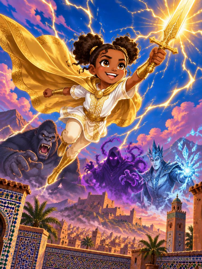 Charlie flying toward three villains on the cover of her first book