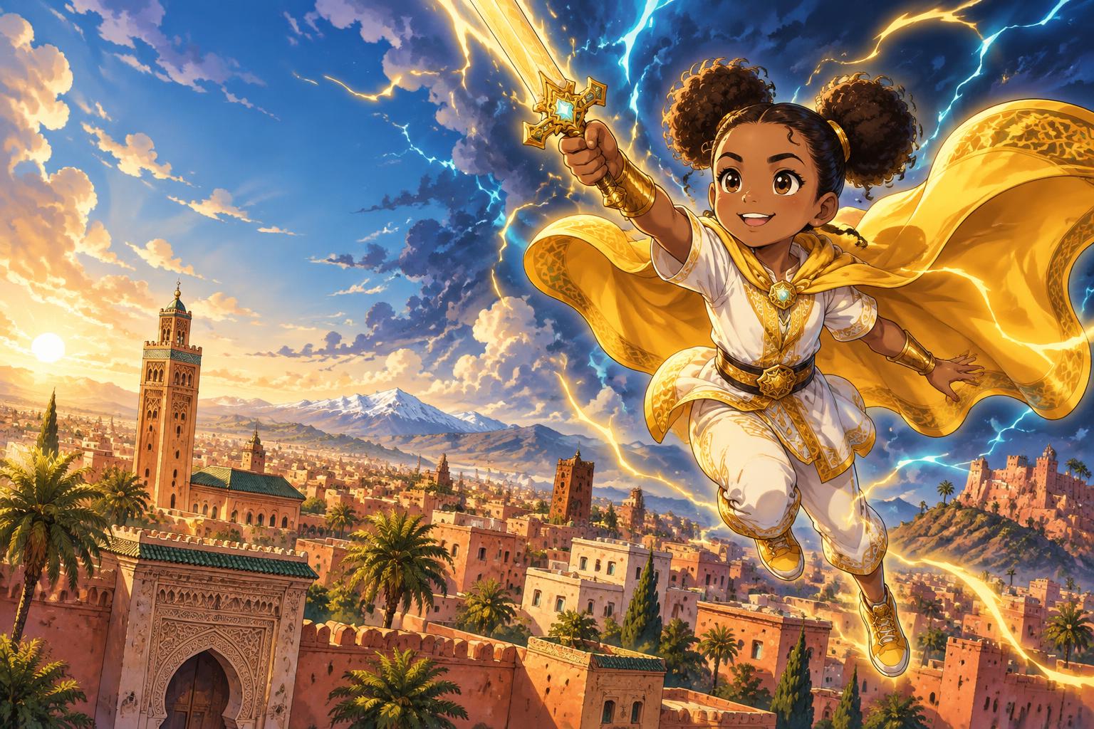 Charlie flying above a Moroccan city with her golden sword and lightning
